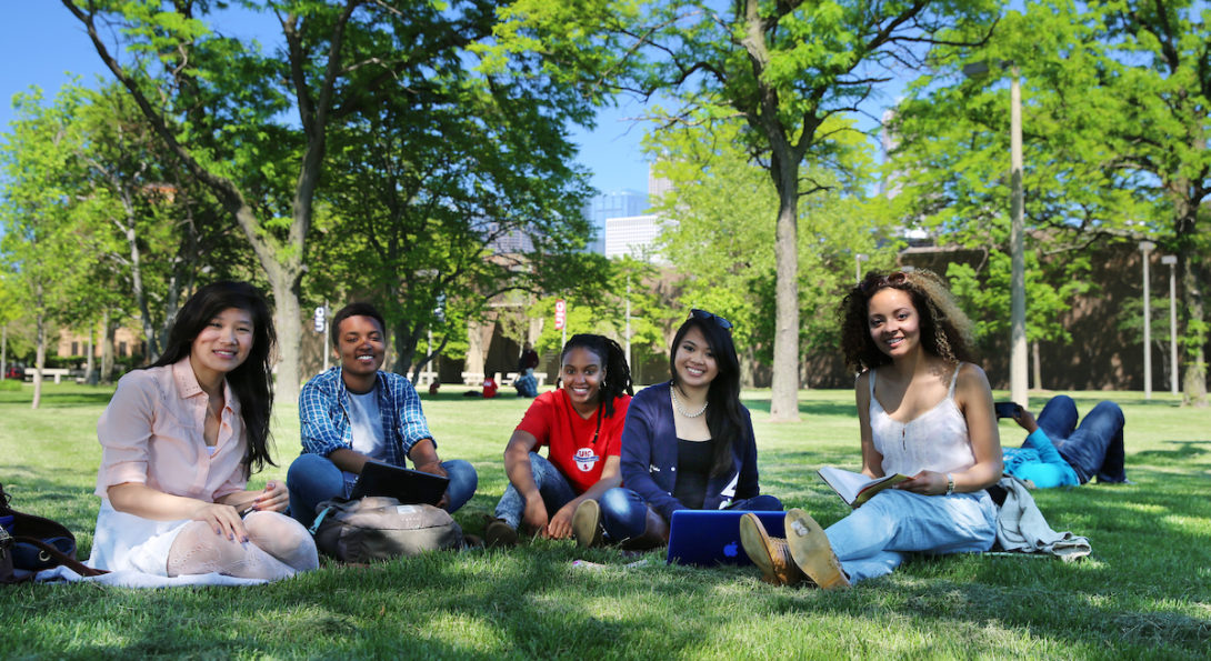 Students sit on grass underneath trees