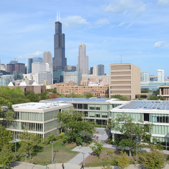 view of solar panels on UIC classroom buildings