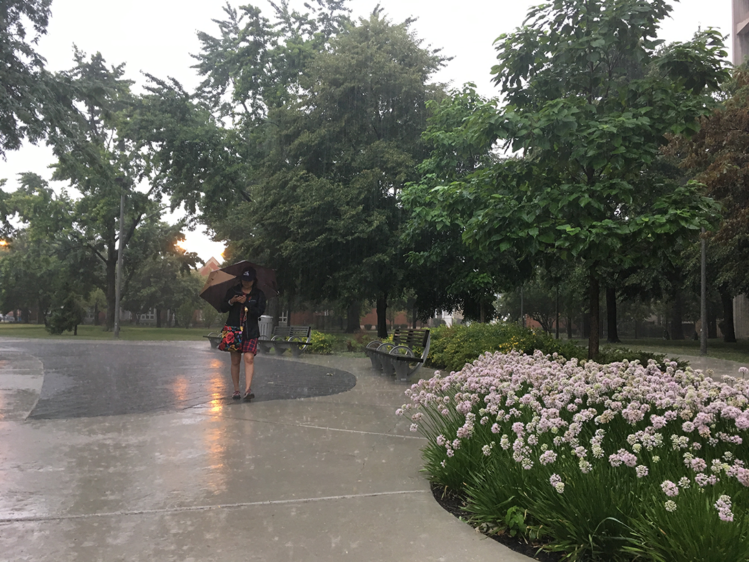 student walking in the rain in permeable pavement with no flooding