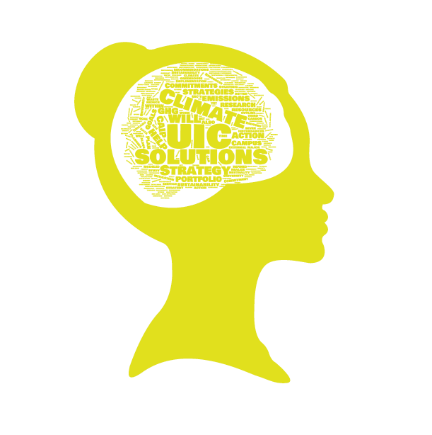 silhouetted woman icon with sustainability buzz words