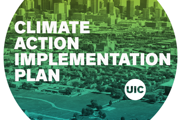 CLIMATE ACTION implementation plan logo over chicago skyline