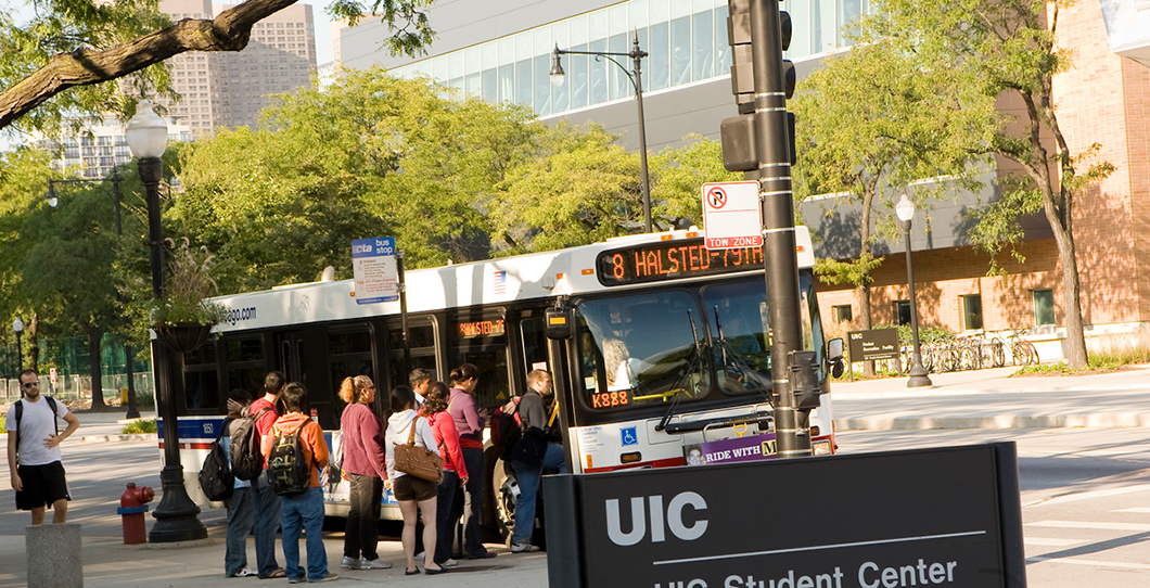 students enetering the #8 Halsted bus near Student Center East