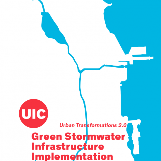 cover page of the stormwater plan- icon of the UIC logo overlaying a rough map of Chicago's waterways- the Chicago River and Lake Michigan
