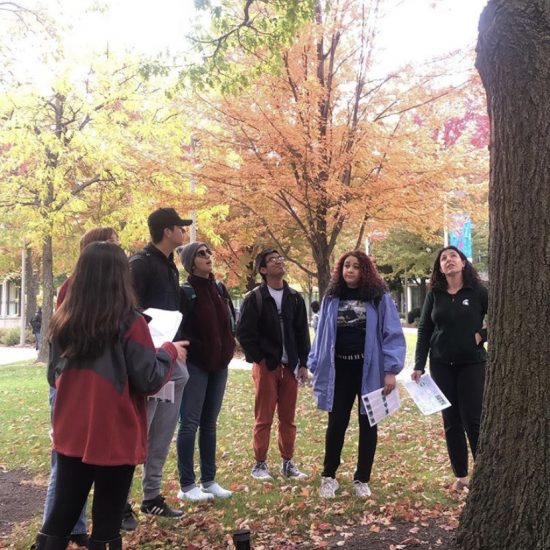 student explaining the benefit of one of UIC's oak tree to a group.