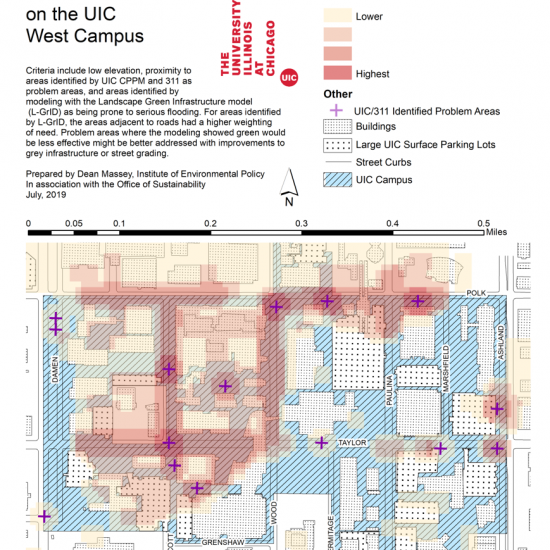 Areas with highest need and suitability for green infrastructure on the UIC west campus. Criteria include low elevation, proximity to areas identified by UIC CPPM and 311 as problem areas, and areas identified by modeling with the landscape green infrastructure model (l-grid) as being prone to serious flooding. For areas identified by l-grid, the areas adjacent to roads have a higher weighting of need. problem areas where the modeling showed green would be less effective might be better addresses with improvements to grey infrastructure or street grading.