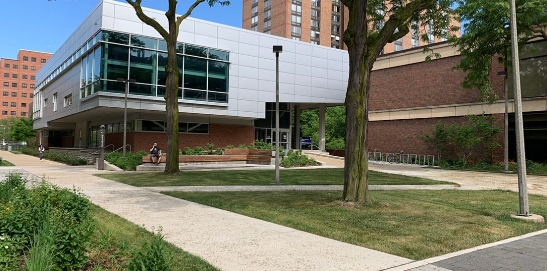 permeable pavement, ran gardens and a seating area outside of the Sports and Fitness Center